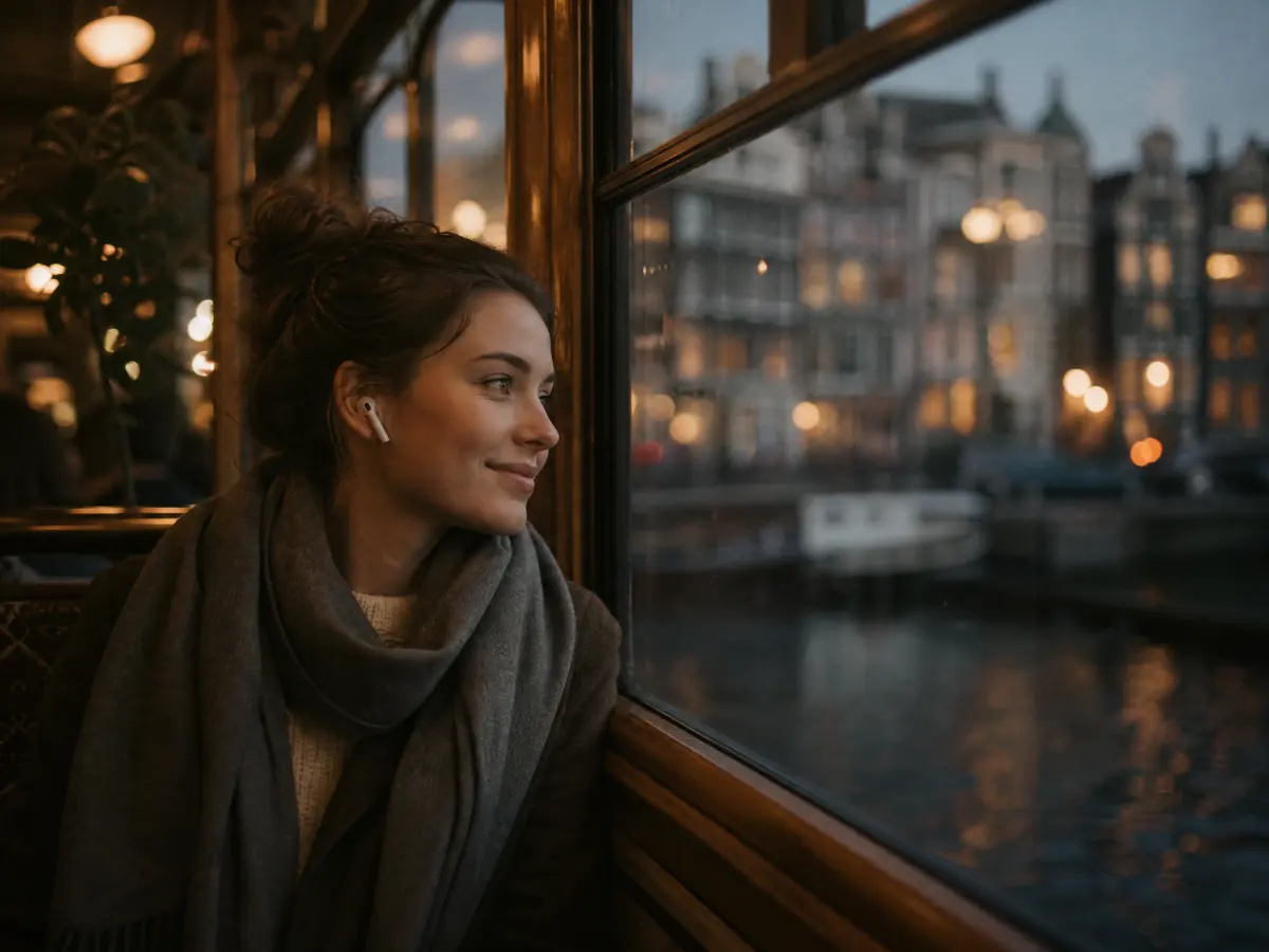 A woman listening with earbuds by a tram window at dusk