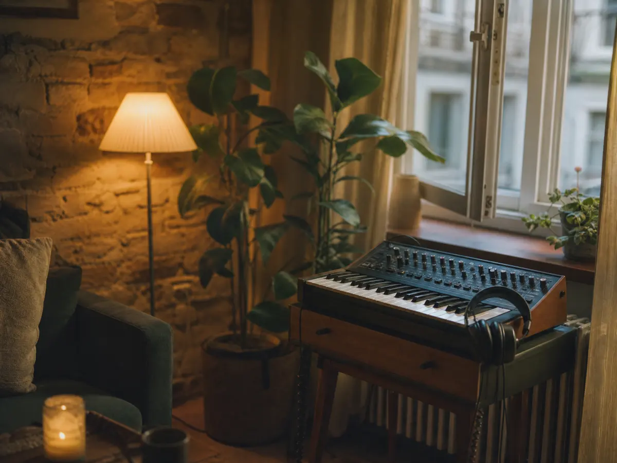 A small keyboard with headphones draped over it in a living room corner