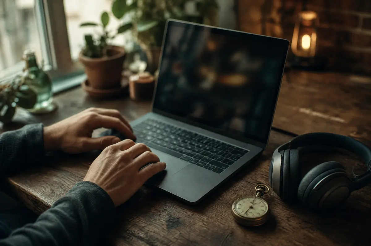 Hands on a laptop next to a stopwatch and headphones