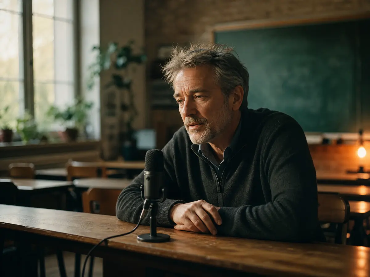 A teacher recording into a microphone in an empty classroom