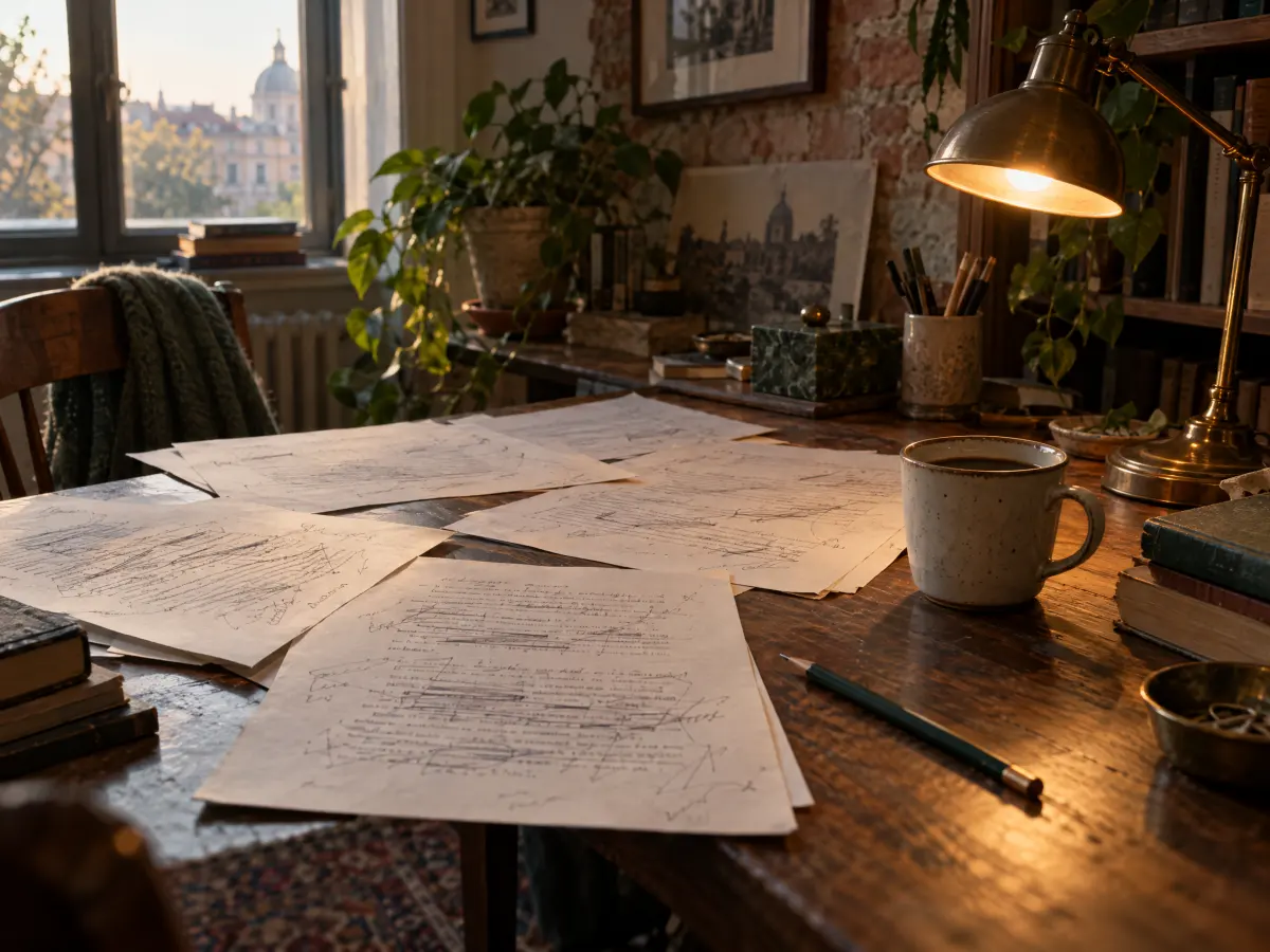 Script pages with pencil notes and a coffee under a desk lamp
