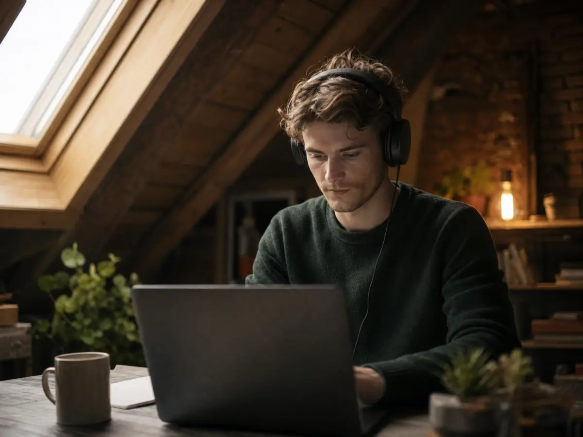 A man with headphones editing on a laptop in an attic