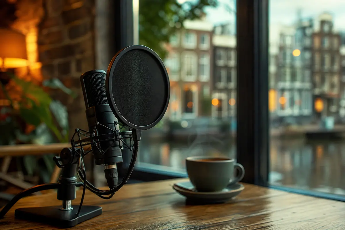 A podcast microphone with a pop filter on a café table by a canal window