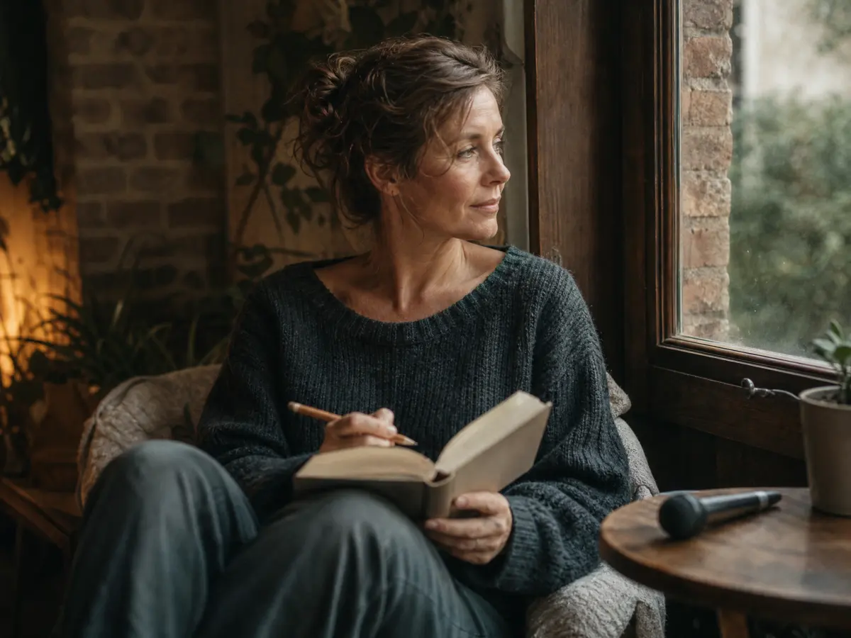 A woman in a window seat writing in a notebook, a microphone set aside